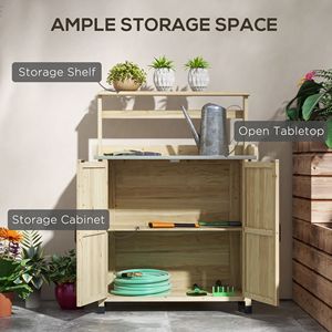 Banco da Giardinaggio con Piano Zincato Finitura Naturale, con Spazio di Archiviazione e Ripiani, Coperture in Gomma per i Piedini per Maggiore Stabilità - Product Image 5