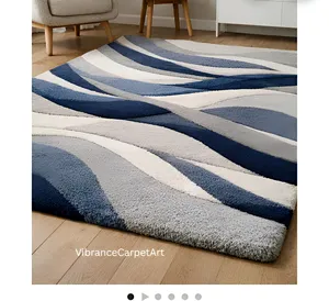 Tapis tufté rectangulaire fait main, design floral moderne, géométrique abstrait, bleu, gris, blanc, rembourré, pour salon - Product Image 3