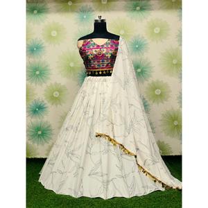 DESIGNER SOFT SILK PRINT WORK LEHENGA CHOLI WITH DUPATTA WHITE - Product Image 1