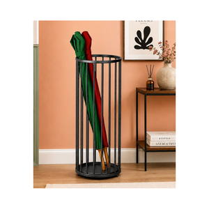 Soporte de sombrilla moderno de metal color blanco con diseño de marco redondo y patas con detalles de madera para uso doméstico. - Product Image 4