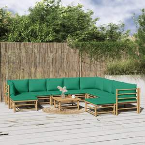 Ensemble de salon de jardin en bambou naturel avec coussins en polyester vert - Product Image 1