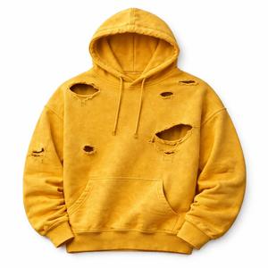 Sweat à capuche surdimensionné personnalisé pour l'hiver, effet vieilli, délavé, déchiré, avec logo personnalisé, 100% coton molletonné, service OEM/ODM - Product Image 6