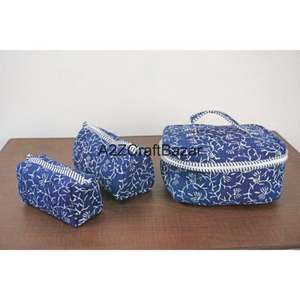 ชุดกระเป๋าเครื่องสำอางผ้าฝ้ายพิมพ์ลายบล็อก 3 ชิ้น ขนาดใหญ่ กันน้ำ ทนทาน ใช้ซ้ำได้ เหมาะสำหรับการเดินทาง - Product Image 2