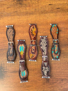 Nouvelle vente tendance fait à la main en cuir véritable conception personnalisée Western Floral outillé peint bracelet de montre Boho remplacement bracelet de montre - Product Image 5