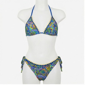Women's 2 Piece <b>Bikini</b> <b>Set</b> Paisley Print Halter Top Tie Side Bottoms Stretch Swimwear <b>Blue</b> Multicolor Patterned Beachwear - Product Image 2