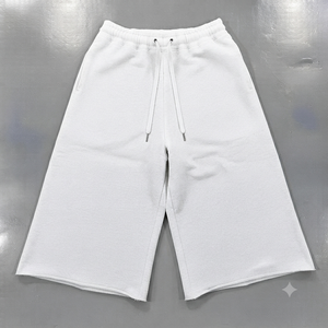 Shorts de survêtement pour homme en coton épais, coupe ample à jambe large, avec ceinture à bords bruts, style streetwear décontracté d'été - Product Image 5