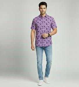 Camisa de Verano para Hombre, Estampada a Mano con Rayas Batik, 100% Algodón, Manga Corta, Transpirable, Ecológica, Formal e Informal - Product Image 6