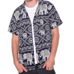 Chemise décontractée à manches courtes pour homme, bleu marine, imprimé éléphant, popeline respirante, col rabattu, style été - Product Image 3