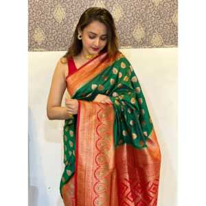 Elite Weaves Green Soft Silk Saree with Contrast Zari Woven Traditional Indian Saree for Women Indian & Pakistani Clothing - Product Image 4