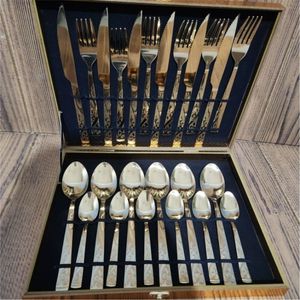 Ensemble de couverts de luxe en or avec poignées gravées élégantes, kit de couverts en acier inoxydable de qualité supérieure dans une boîte en bois pour la maison, l'hôtel et les mariages - Product Image 1