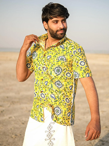 Yellow Cotton Sanganeri Hand Block Printed <b>Half</b> Sleeve <b>Shirt</b> for Men Casual Summer Beach Wear Floral <b>Shirt</b> - Product Image 5