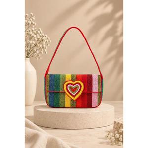 Bolso de Hombro con Cuentas Hechas a Mano con Diseño de Corazón a Rayas de Arcoíris para Mujer, Bolso de Moda Colorido para Fiestas de Verano y Vacaciones - Product Image 1