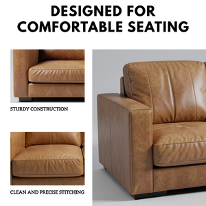 Sofá de Cuero Vacuno Genuino de Estilo Moderno de Mediados de Siglo, de 2 Plazas, con Líneas Minimalistas y Estructura de Madera para Muebles de Sala de Estar - Product Image 3