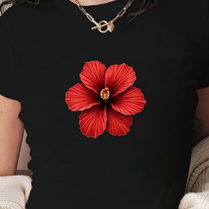 เสื้อยืดสั้นแฟชั่นผู้หญิงลายดอกชบาสีแดง - Product Image 1