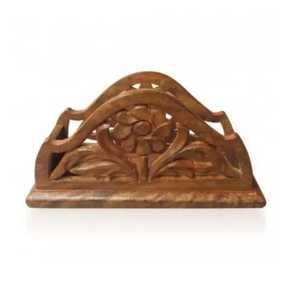 Porte-serviettes en bois sculpté à la main avec motif floral, fleur centrale et arches courbes, style artistique traditionnel pour table à manger - Product Image 1