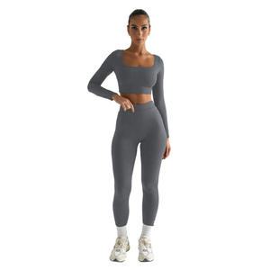 Ensemble de yoga taille haute sans coutures, couleur unie, crop top, leggings longs, 3 pièces, col en V profond, sans manches, extensible en Spandex/Nylon - Product Image 4