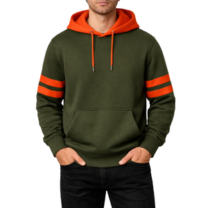 Sudadera con Capucha para Hombre, Diseño Moderno en Verde Oliva y Naranja, Venta al Por Mayor OEM, Sudadera con Capucha de Dos Tonos y Mangas a Rayas - Product Image 3