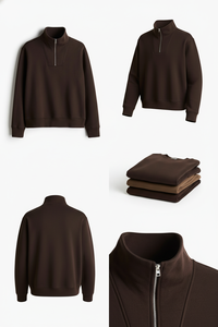 Men's Autumn Winter Dark Brown Quarter Zip Long Sleeve Sweatshirt Mock Neck <b>Pullover</b> <b>Jumper</b> Streetwear - Product Image 6