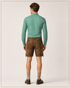 Ensemble de costume traditionnel bavarois allemand pour homme, Lederhosen personnalisé de qualité supérieure, short en cuir authentique, chemise à carreaux verts - Product Image 6