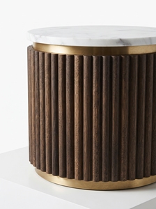 <b>Round</b> Coffee <b>Table</b> Marble Look Top Pleated Wood Side <b>Table</b> <b>Gold</b> Finish Accent End <b>Table</b> for Living Room - Product Image 3