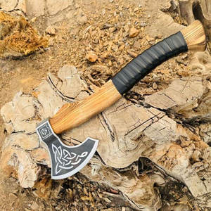 Scandinavian Industrial Grade Viking Axe Heritage Inspired Engravings Carbon Steel Blade Leather Grip <b>Wrap</b> Natural <b>Wood</b> Finish - Product Image 3