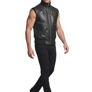 Chaleco de moto de piel sintética negra para hombre, sin mangas, con cuello alto y cremallera - Product Image 2