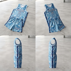 Ensemble de maillots de basket-ball personnalisés en sublimation bleu clair, motif géométrique, uniforme d'équipe, short d'entraînement à séchage rapide, vêtements en mesh - Product Image 3