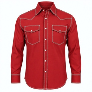 Chemise de travail occidentale ignifuge rouge pour homme avec surpiqûres blanches, poche poitrine, logo personnalisé, vêtements de travail industriels de haute qualité - Product Image 1