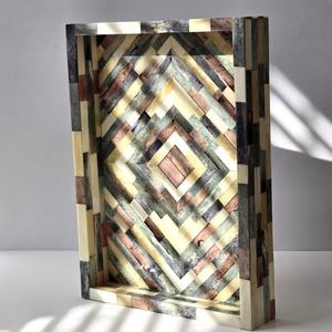 Plateau de service décoratif de luxe moderne en bois laqué écologique avec incrustations de nacre et poignées, pour tables à café/thé et mariages - Product Image 6