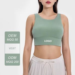 Women's Brown Seamless Backless Sports Bra Scoop Neck Racerback Medium Support Yoga Workout Bra Solid Color Logo on Hem - Product Image 3