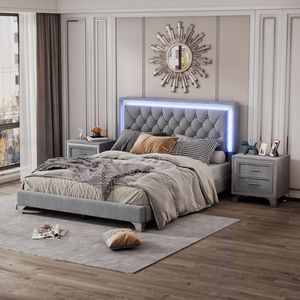 Juego de Dormitorio Gris Tamaño Queen de 3 Piezas, Cama Tapizada con Plataforma, Luces LED y Dos Mesitas de Noche - Product Image 2