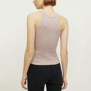 Débardeur côtelé pour femme, broderie personnalisée, coton et rayonne, col rond classique, longueur courte avec boutons décoratifs, vente en gros - Product Image 6