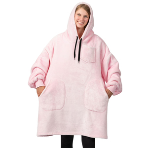Oversized Pink Hooded Sweatshirt Women Cotton Blend Lined Fleece <b>Long</b> Sleeve Solid Color Wearable <b>Blanket</b> Pullover Autumn Winter - Product Image 1