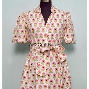 ชุดเดรสลำลองสไตล์หวานสำหรับใส่ไปทำงานหรือไปงานปาร์ตี้  ลายดอกพิมพ์ลายบล็อกด้วยมือ  ผ้าฝ้ายถัก  ทรงคังกูร่า  สวยงาม  ใส่สบาย - Product Image 4