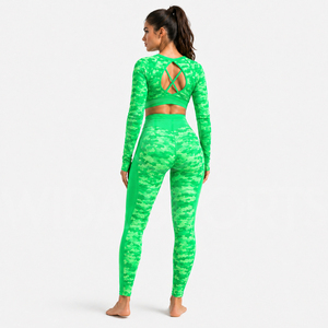 Women Seamless Breathable Activewear Yoga Set Long Sleeve <b>Crop</b> <b>Top</b> High Waist Leggings Four-Way Stretch Front Gym Fitness - Product Image 2