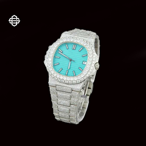 Reloj de Cuarzo con Moissanita para Hombre, Diseño Cuadrado, Esfera Turquesa, Acero Inoxidable, Cristal con Diamantes, Estilo Hip Hop, 20mm - Product Image 1