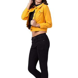 Women Yellow <b>Cropped</b> <b>Denim</b> <b>Jacket</b> Casual Button Front Long Sleeve Regular Fit Breathable Waterproof Autumn Outerwear Coat - Product Image 5