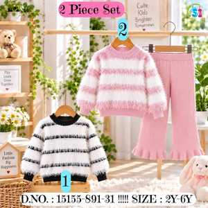 Children's 2-Piece Polyester Knit Sweater Set with Faux <b>Fur</b> <b>Trim</b> in Pink Green Blue Sizes 2Y-6Y - Product Image 5