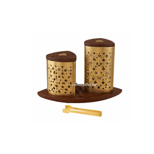 Brass Incense <b>Burner</b> Set With Wooden Lid And Tongs Diamond Cut Design Aromatic All Season Use - Product Image 3