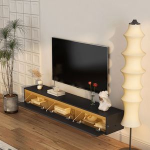 <b>Wall</b> Mounted TV Stand for Black TVs <b>Floating</b> LED Light Shelf with Power Outlet for Living Room Cabinets - Product Image 2