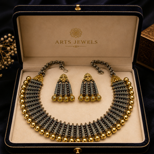 Conjunto de Collar y Pendientes de Cobre Chapado en Oro con Plata Oxidada y Moissanita, Estilo Boho Indio, para Amantes, Regalo de Aniversario para Mujer - Product Image 1