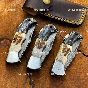 Couteau pliant artisanal en acier Damas à lame droite, verrouillage arrière, manche en corne de cerf, pour chasse, EDC, OEM, ODM, directement de l'usine - Product Image 4