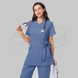 Women <b>Blue</b> Scrub Set Cotton Polyester Woven Hospital Uniform Pants Included Custom Design - Product Image 2