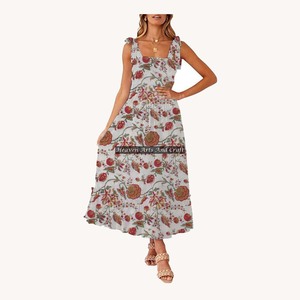 Vestido Boho 2026 con Tirantes Finos, Largo hasta el Suelo, Casual Chic, Estampado a Bloques, Sin Mangas, de Algodón Ecológico, para Noche o Playa, Estilo Gitano - Product Image 6