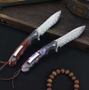 Couteau de poche pliant en acier Damas de qualité industrielle, personnalisable OEM, pour le camping et la chasse, avec étui en cuir et lame droite - Product Image 4