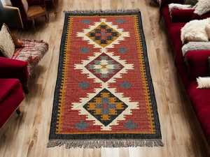 Alfombra Rectangular Hecha a Mano por Krafterscustom, Diseño Geométrico Kilim, Ecológica, de Lana y Acrílico, para Sala de Estar, Fácil de Limpiar - Product Image 1