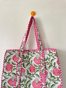 Luxury <b>White</b> Floral Quilted Cotton Tote <b>Bag</b> with <b>Hand</b> Block print Bohemian Style Open Casual Shopping Tote <b>Bag</b> for Women - Product Image 2