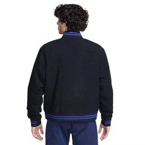 Men's Navy Varsity Jacket With Blue Trim Regular Fit Casual Cotton Outerwear Turn-down Collar <b>Button</b> Closure - Product Image 3