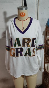 Women's Oversized Mardi Gras <b>Sequined</b> Long Sleeve T-Shirt V-Neck Purple Trim White Cotton Jersey Spring Summer Style - Product Image 4