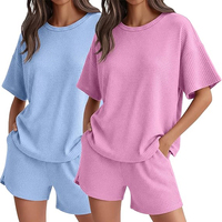Ensemble décontracté d'été pour femmes, t-shirt en coton 100% à motif gaufré surdimensionné vintage et short au-dessus du genou